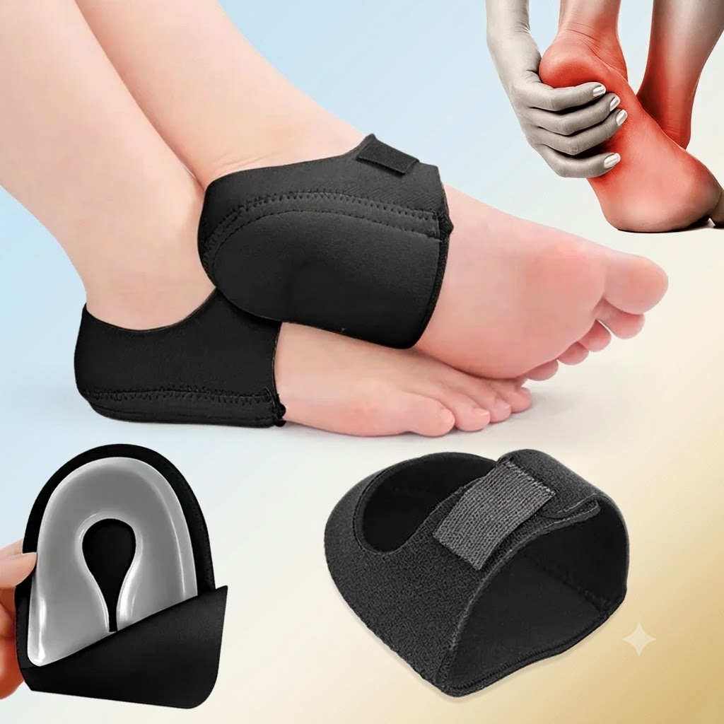StepEase heel relief wraps worn on both feet with U-shaped gel insert shown